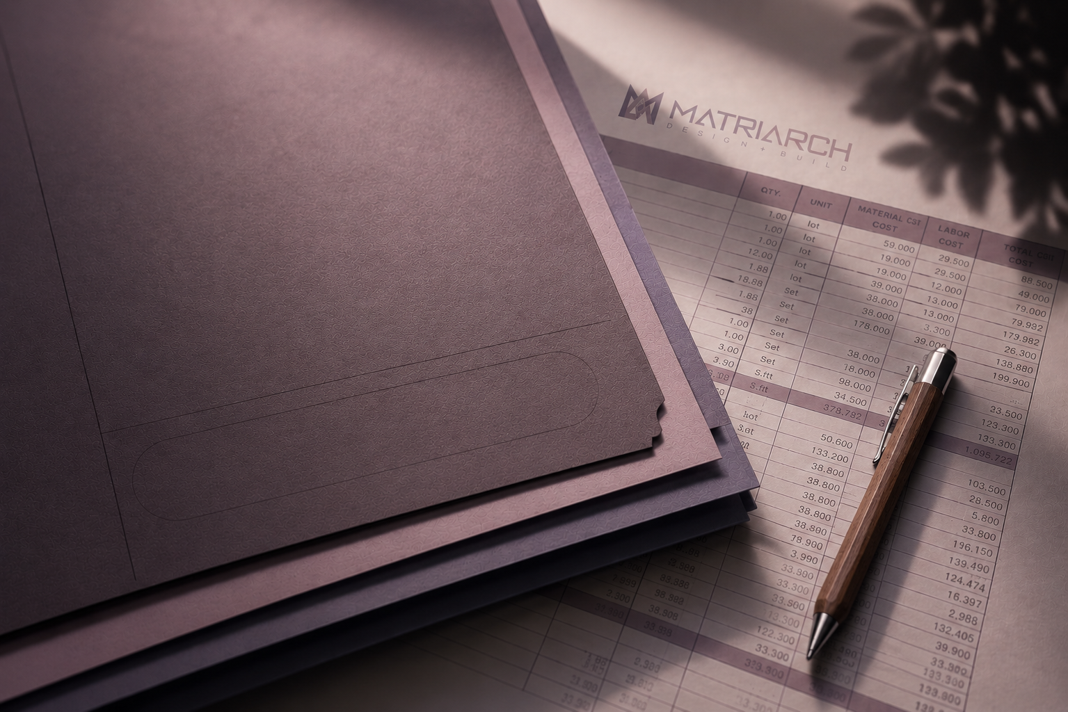 Our Client Fit Process — A refined overhead workspace scene featuring layered architectural folders in muted mauve and lavender tones, paired with a wooden pen and cost-estimate documents, reflecting Matriarch Design + Build’s intentional, organized, and design-focused client onboarding approach.
